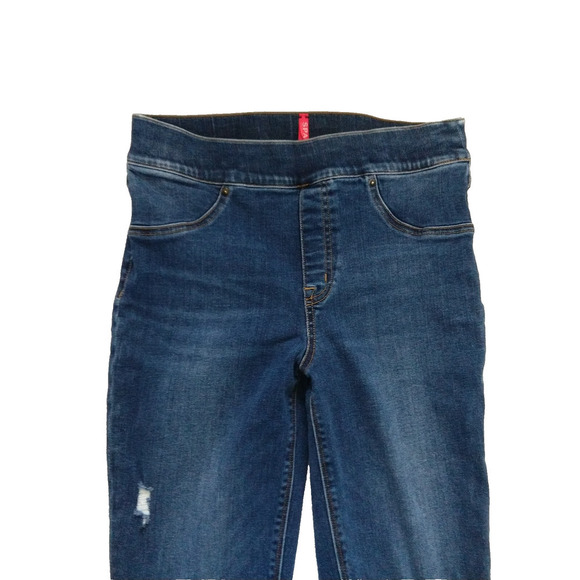 Spanx Distressed Ankle Skinny Jeans Size M Drop Raw Hem Slimming Stretch - Picture 3 of 7